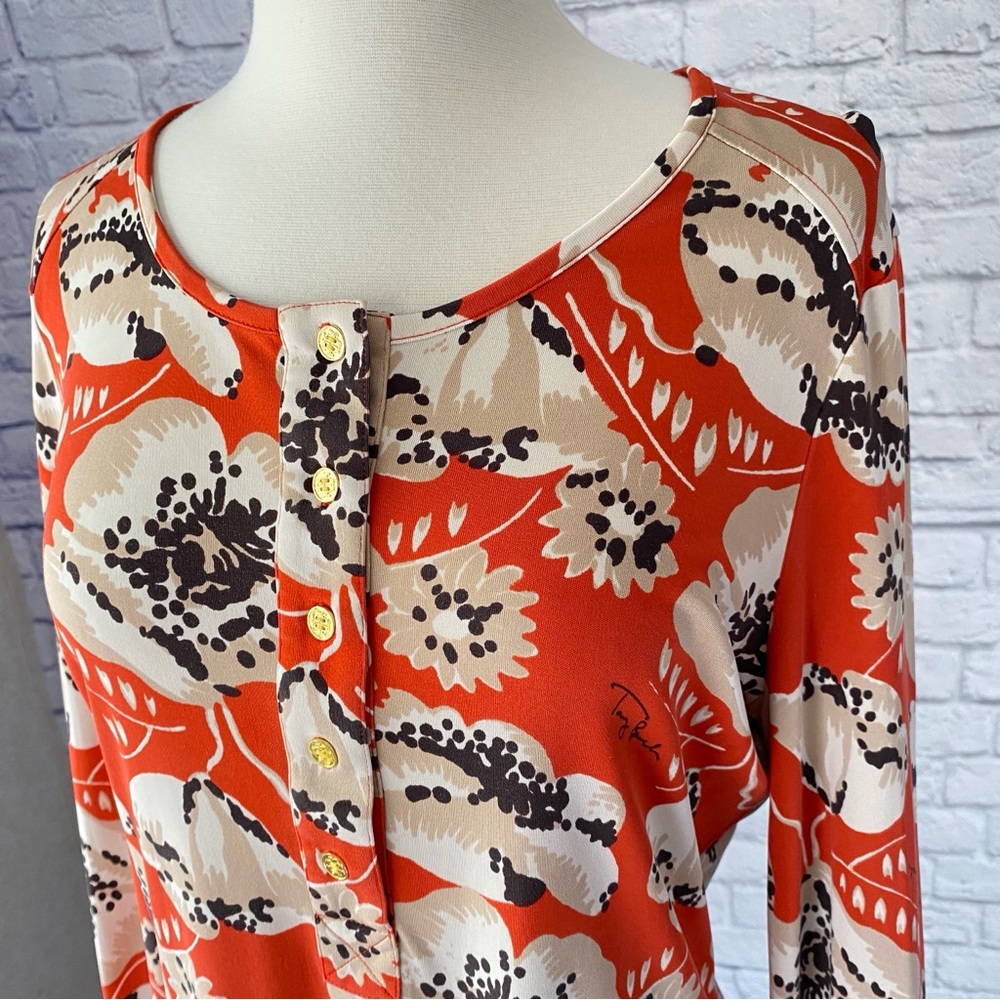 Tory Burch 100% Silk Top Blouse Amy Poppy Shirt Floral Henley Orange Womens XL
